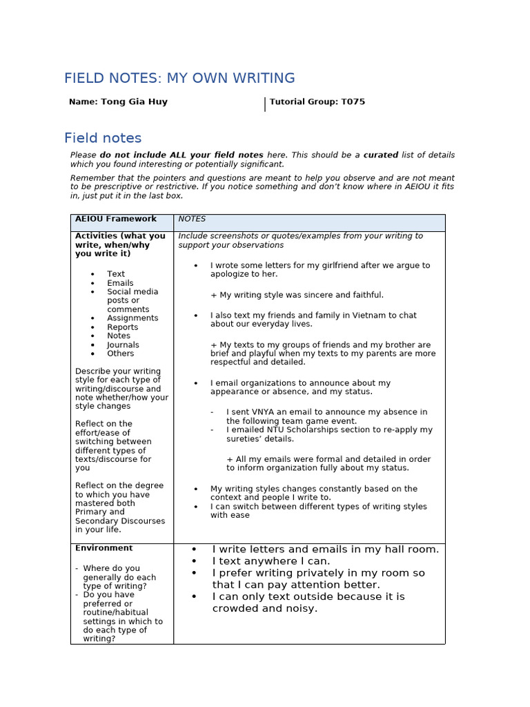 CC0001 Field Notes - WRITING Template | PDF | Communication | Human ...