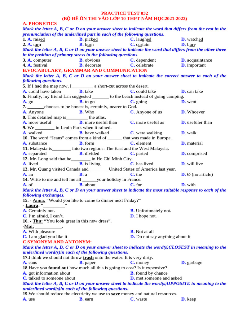 Grade 10 Practice Test 2021-2022 | PDF