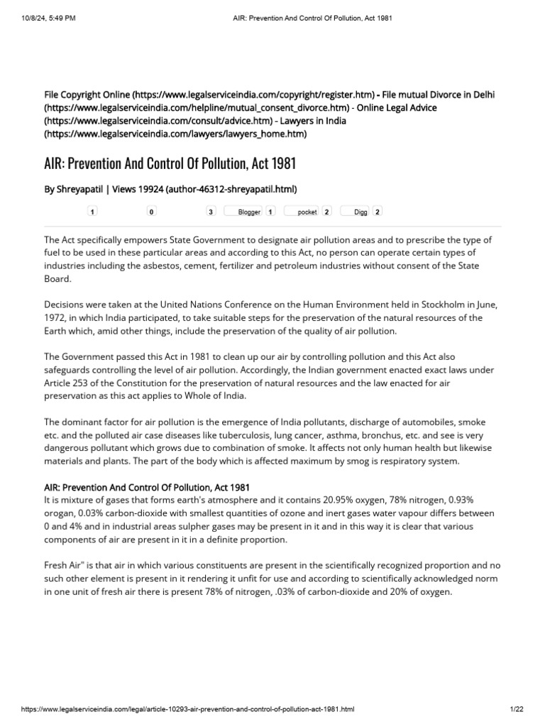 AIR - Prevention and Control of Pollution, Act 1981 | PDF | Atmosphere ...