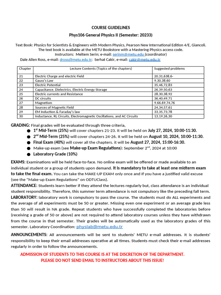 COURSE GUIDELINES-phys106-summer2024 | PDF | Electricity | Electrical ...