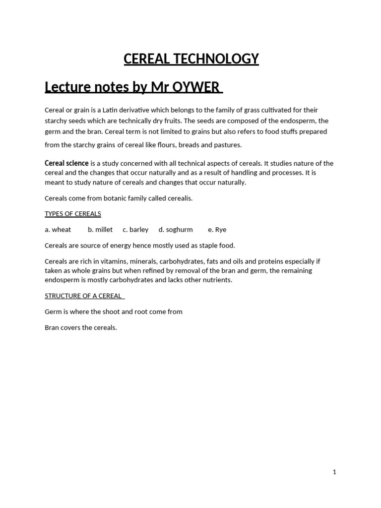 Cereal Technology Overview and Processes | PDF | Flour | Cereals