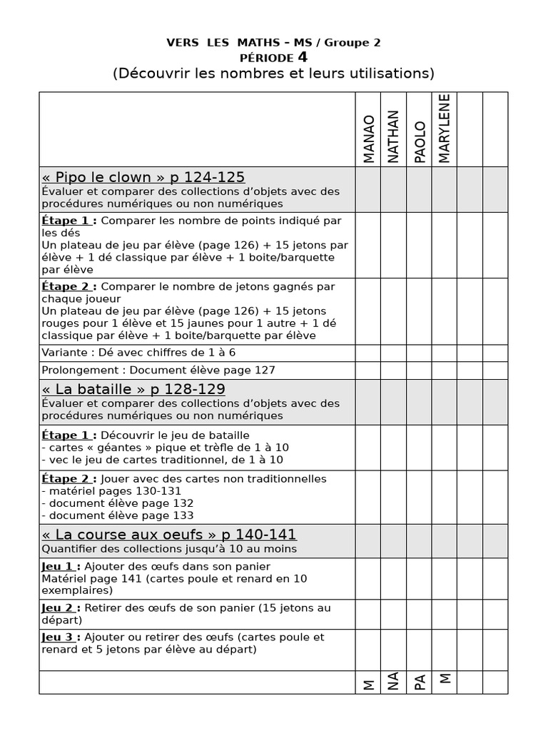 Activités mathématiques pour MS - Période 4 | PDF | Gaming