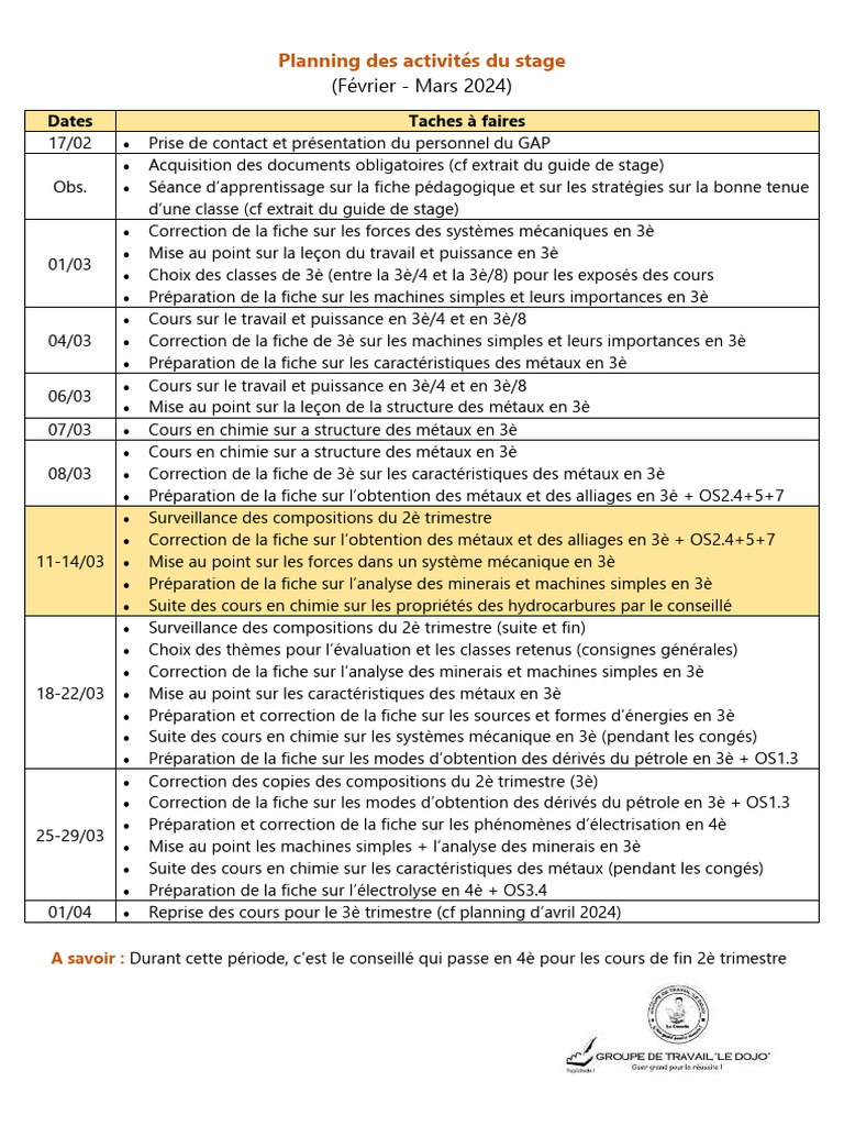 Planning Stage Février-Mai 2024 | PDF | Métaux | Chimie