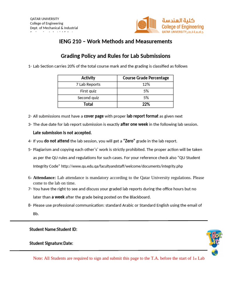 IENG 210 Lab Submission Guidelines | PDF | Experiment | Rubric (Academic)
