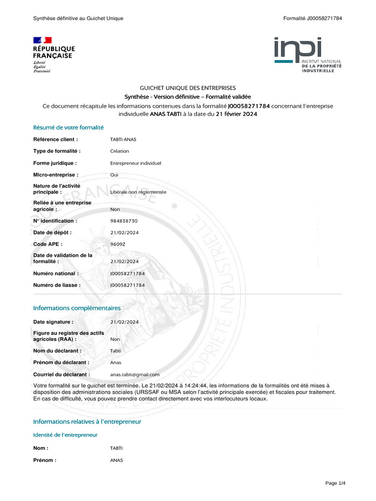 Synthèse de formalité validée INPI | PDF