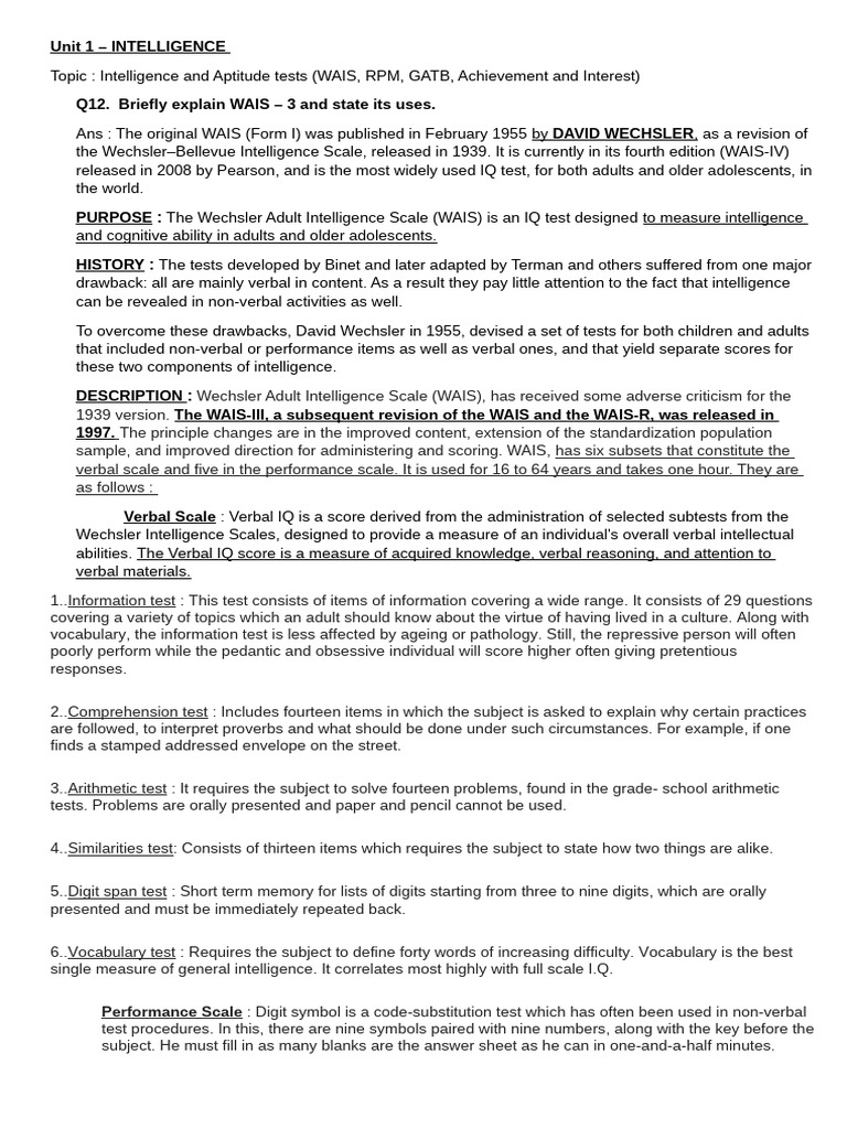 Overview of WAIS and RPM Tests | PDF | Wechsler Adult Intelligence ...