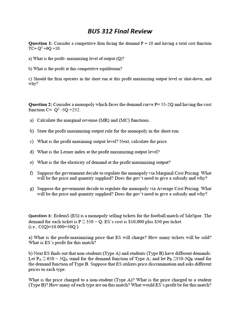 Question Set 10 (Final Review) | PDF | Profit (Economics) | Monopoly