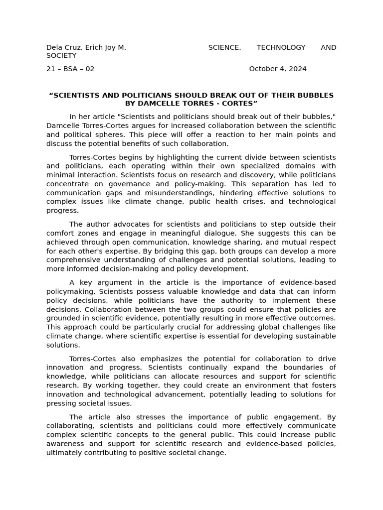 Sts Reaction Paper Prelims | PDF | Innovation | Policy