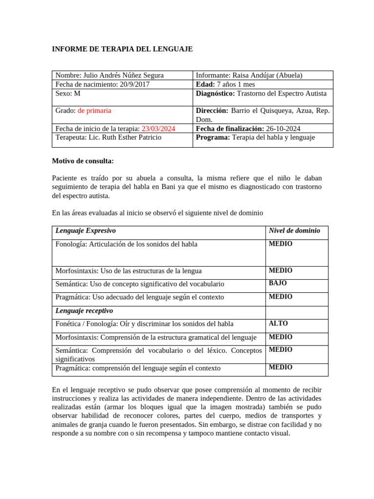 Informe de Terapia del Lenguaje Infantil | PDF | Léxico | Fonología