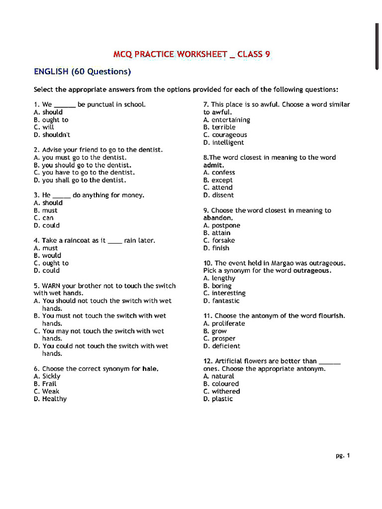 MCQ Questions Home Work STD 9 | PDF