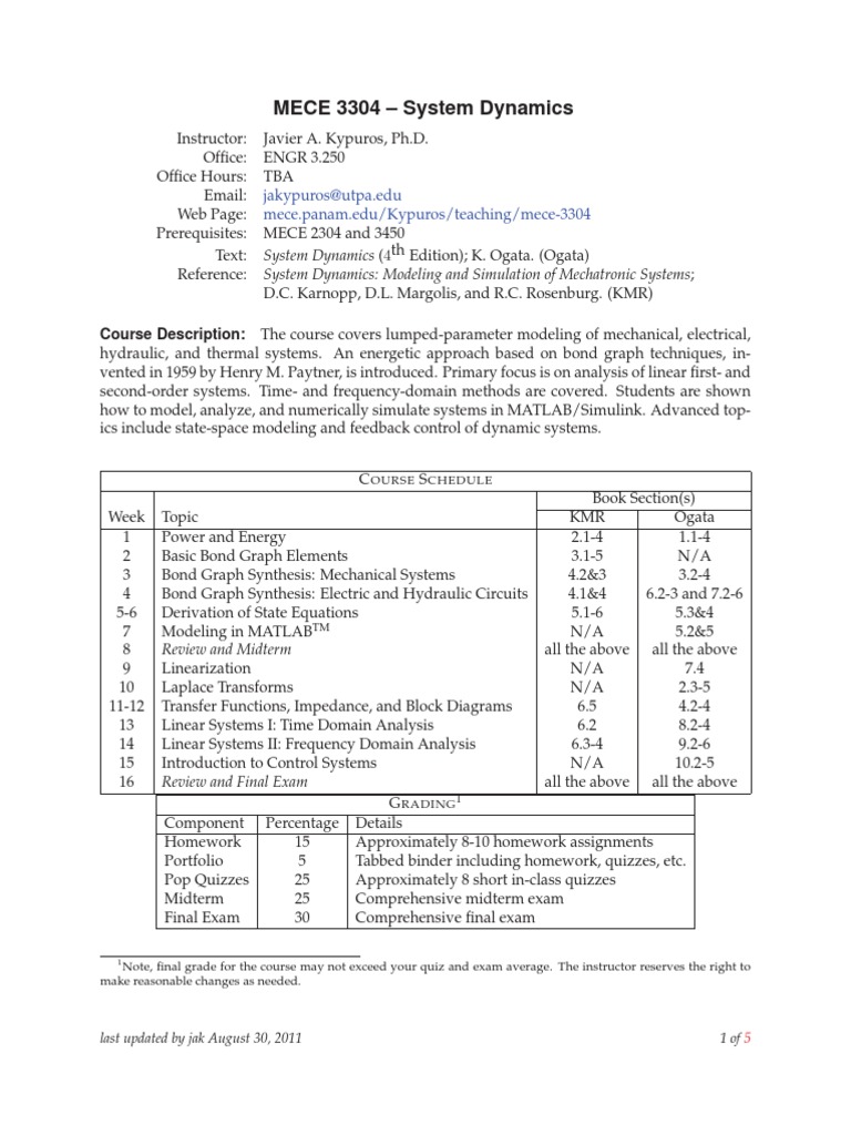 System Dynamics Course Overview MECE 3304 | PDF | Mechanical ...