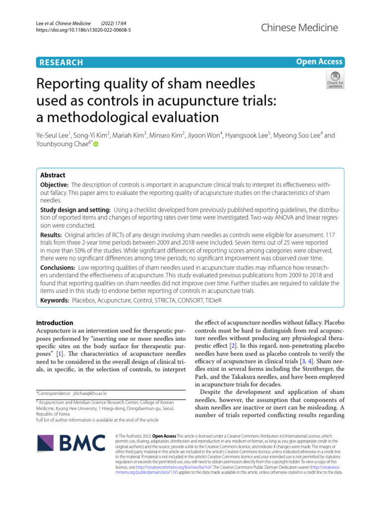 Lee 2022 Reporting Quality of Sham Needles U | PDF | Acupuncture | Placebo