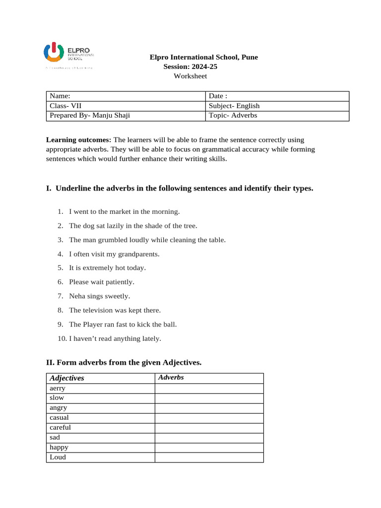 Adverb Worksheet for Class VII | PDF | Adverb | Language Mechanics