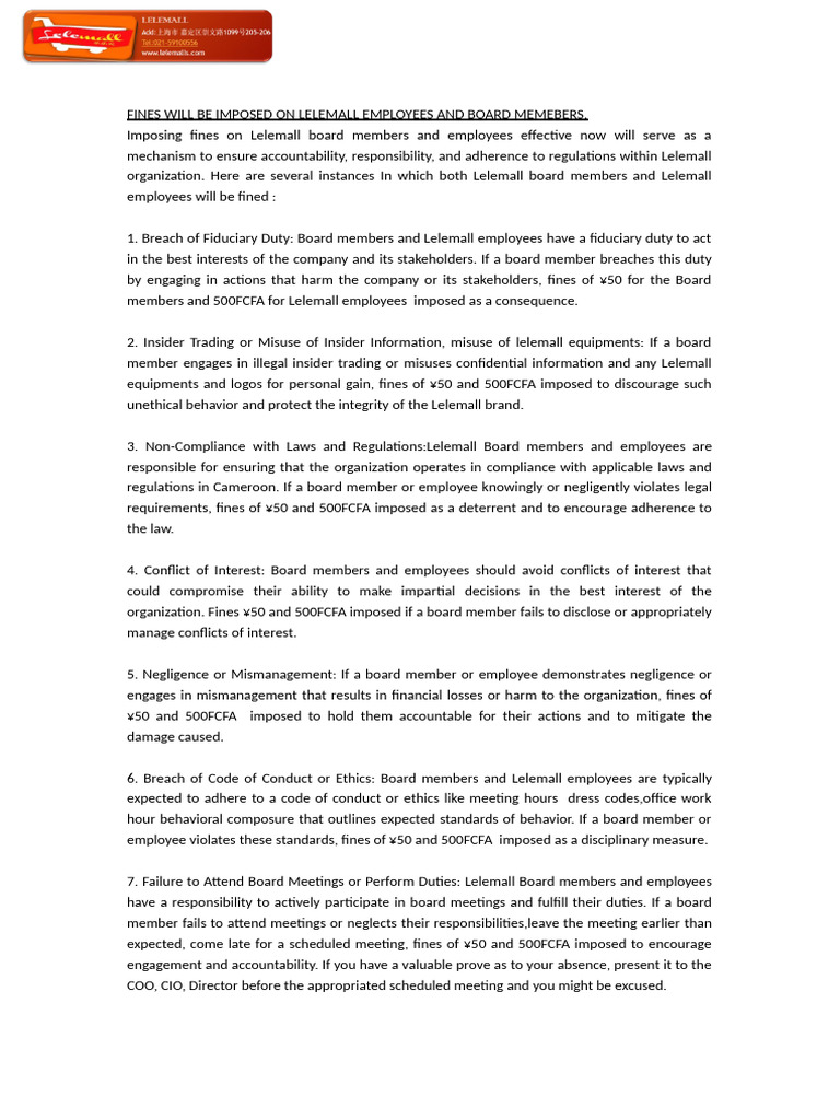 Lelemall Employee and Board Fines Policy | PDF | Insider Trading ...