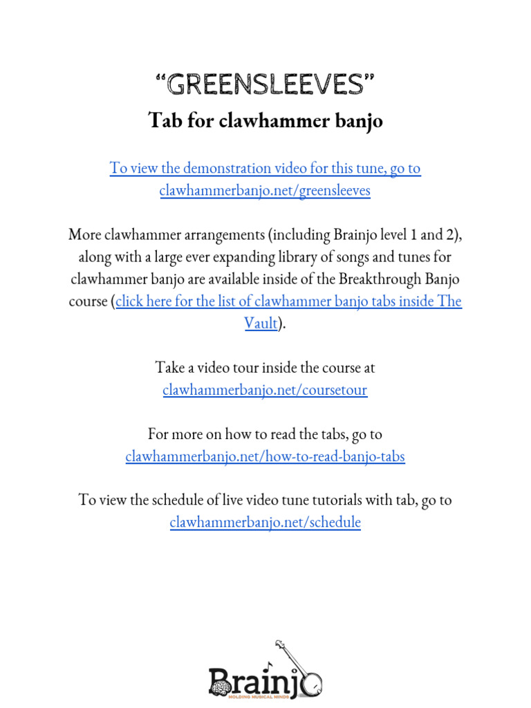 Clawhammer Banjo TAB For GREENSLEEVES | PDF, image size:768x1024