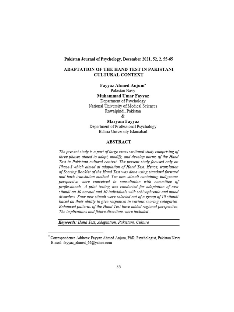 4-Adaptation of Hand Test in Pakistan | PDF | Psychology | Mental Disorder