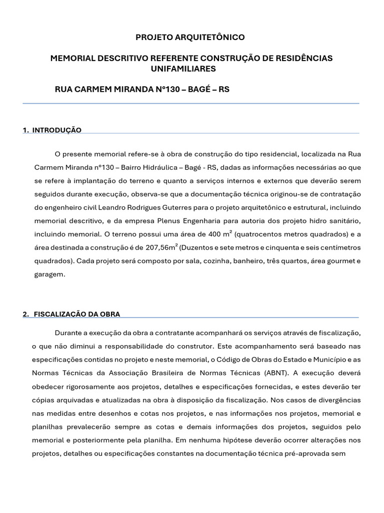 Memorial Descritivo de Residências Unifamiliares | PDF | Concreto ...