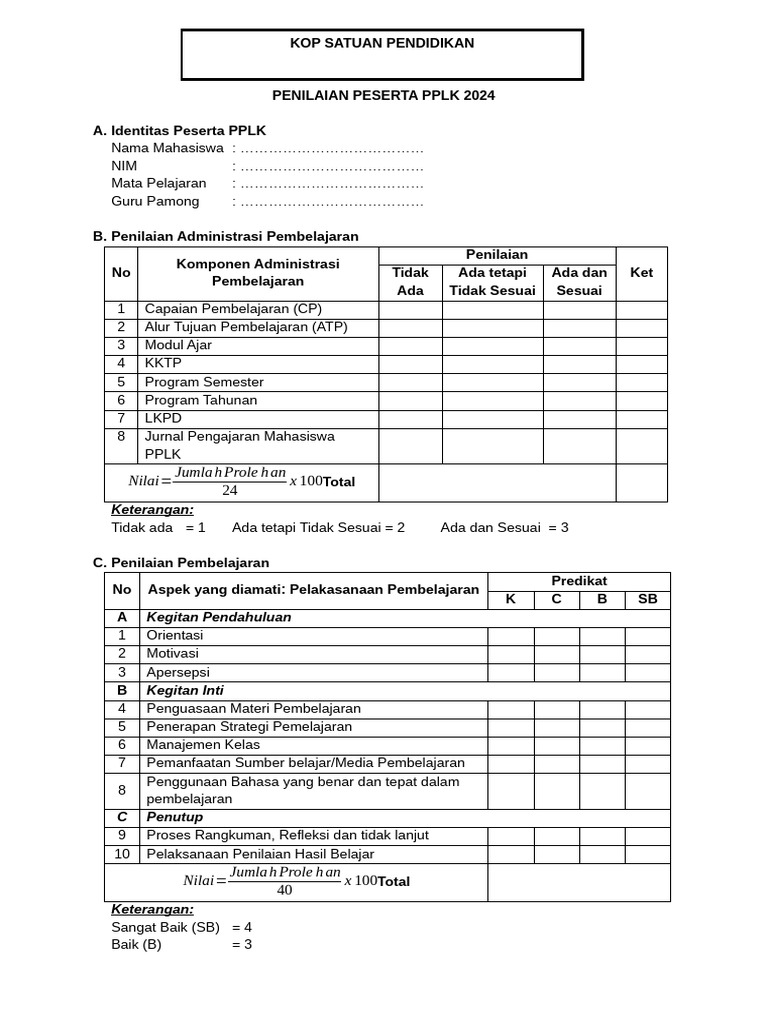Penilaian PPLK 2024: Format dan Kriteria | PDF