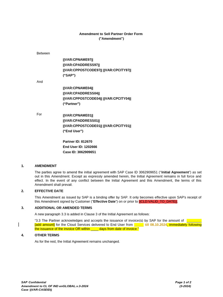 SAP Partner Order Form Amendment | PDF | Legal Documents | Law Of The ...