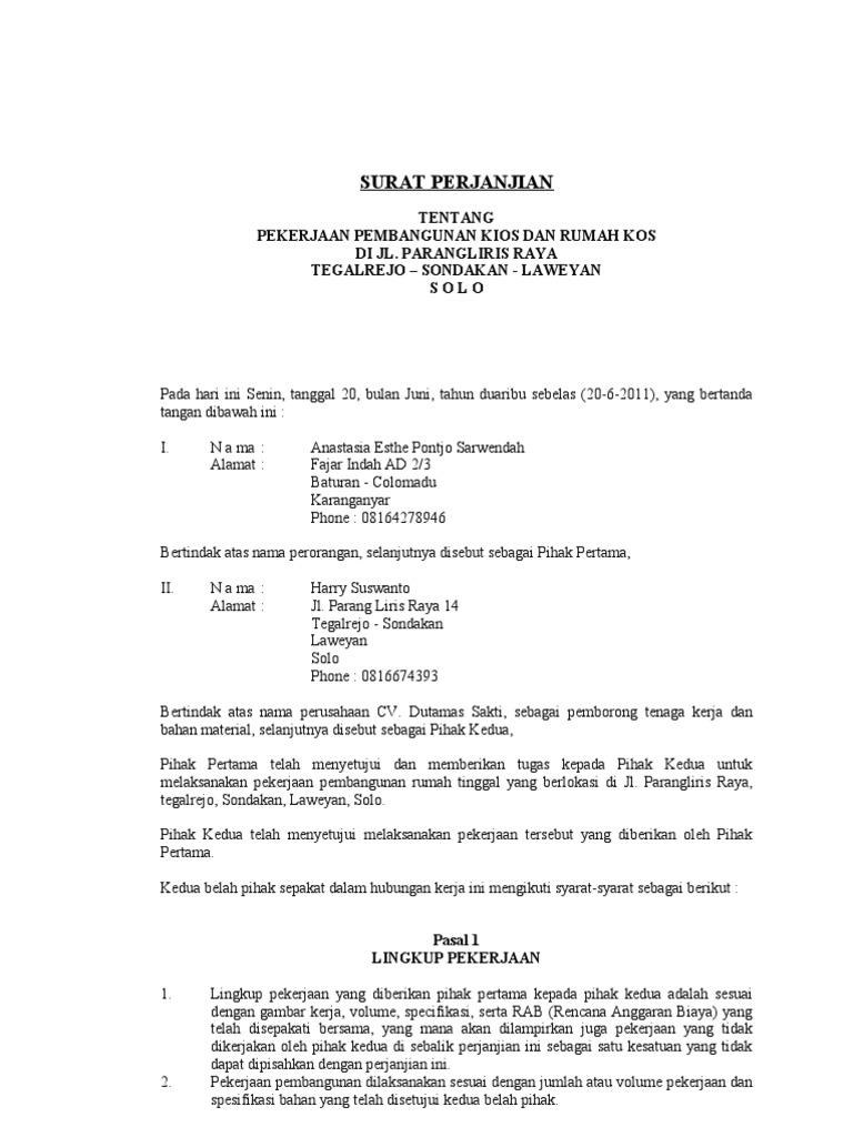 Contoh Surat Perjanjian Tentang Pekerjaan Pembangunan Kios Dan Rumah Kos Pdf