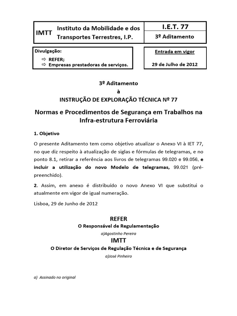 Aditamento IET 77: Normas de Segurança | PDF