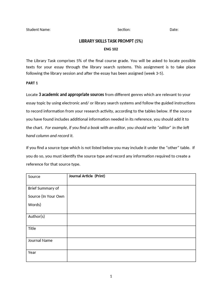 Library Skills Assignment for ENG 102 | PDF | Libraries | Academic Journal