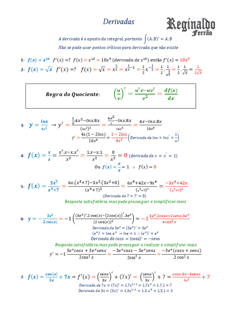 Derivadas Exercicios Resolvidos e Explic | PDF | Métodos e Materiais de ...
