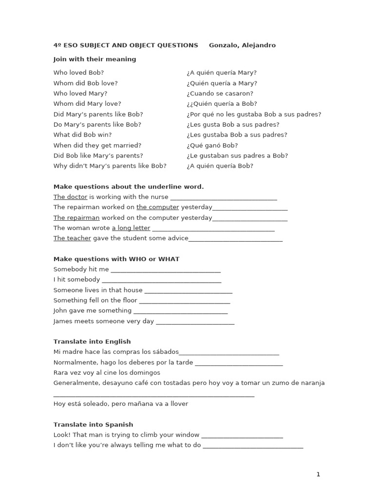 4º ESO Subject and Object Questions Guide | PDF | Linguistics