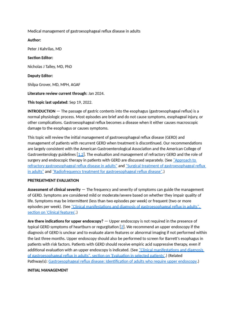 Medical Management of Gastroesophageal Reflux Disease in Adults | PDF ...