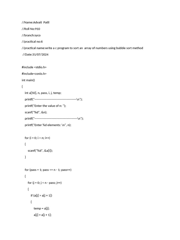 Bubble Sort C Program Example | PDF
