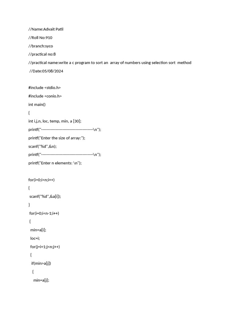 Selection Sort C Program Example | PDF | Computers | Technology ...