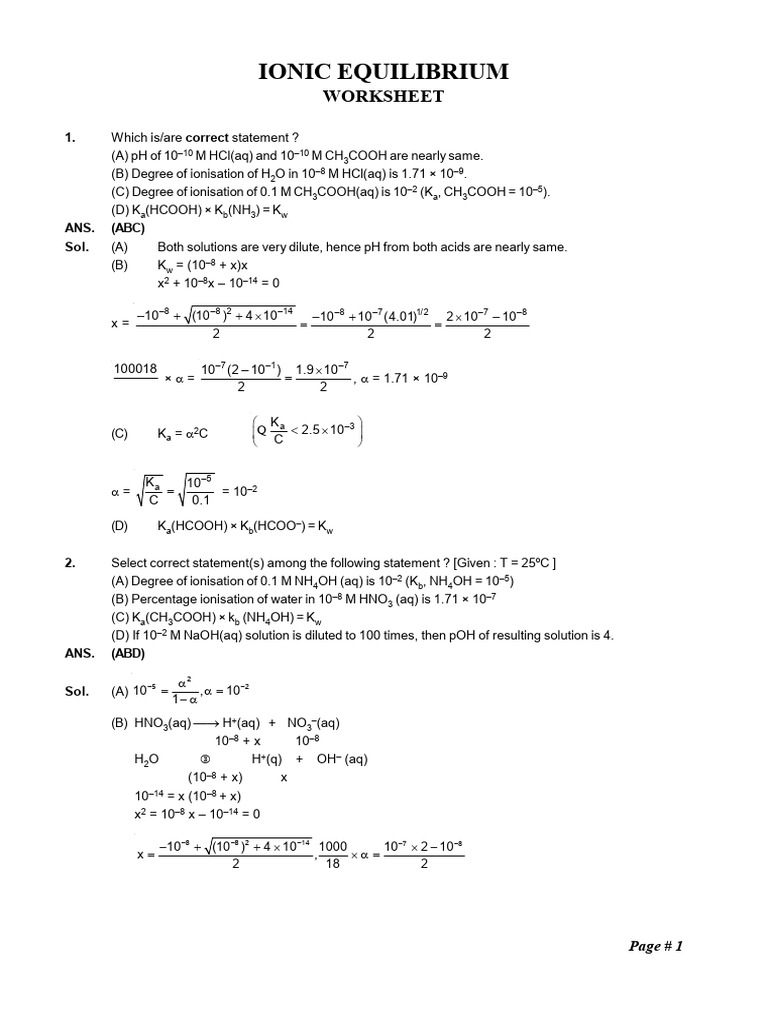 Ionic Equilibrium Worksheet FC | PDF | Ph | Chemical Compounds