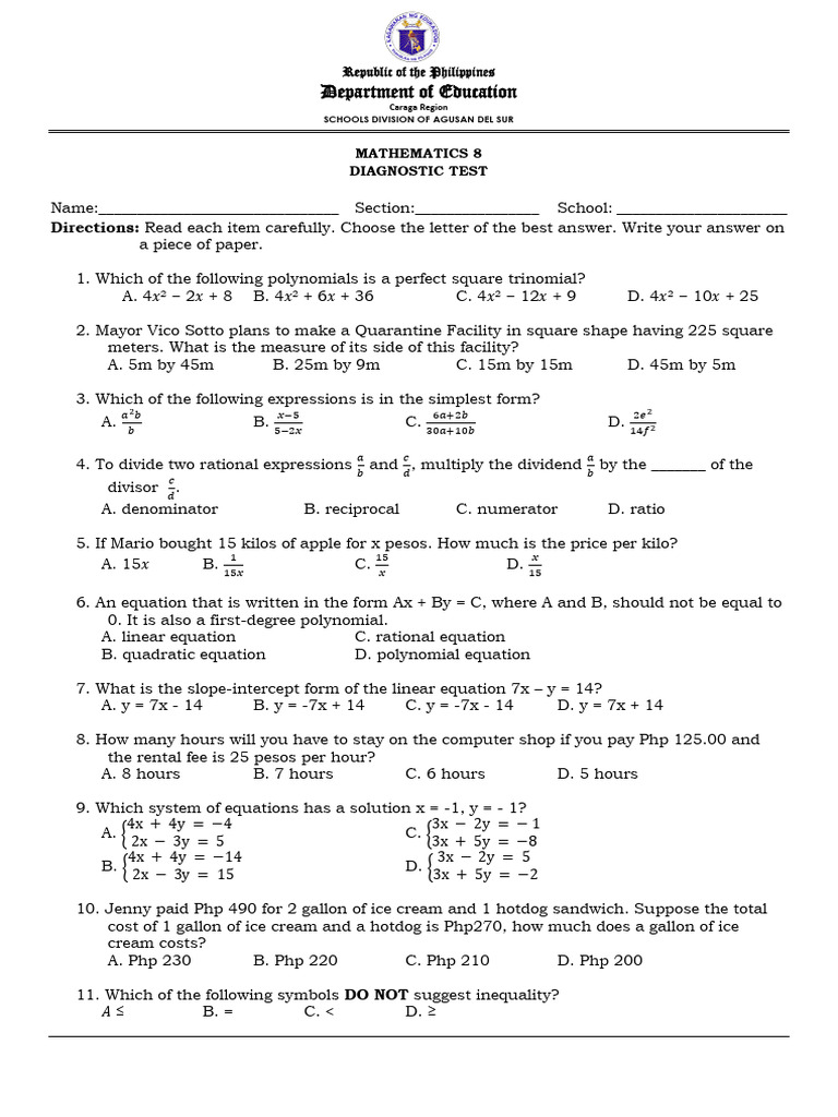 Grade 8 Math Diagnostic Test PDF | PDF | Probability | Equations