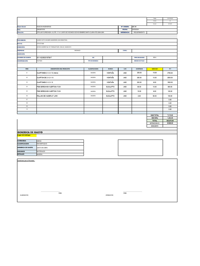 Orden de Compra de Materiales de Madera | PDF