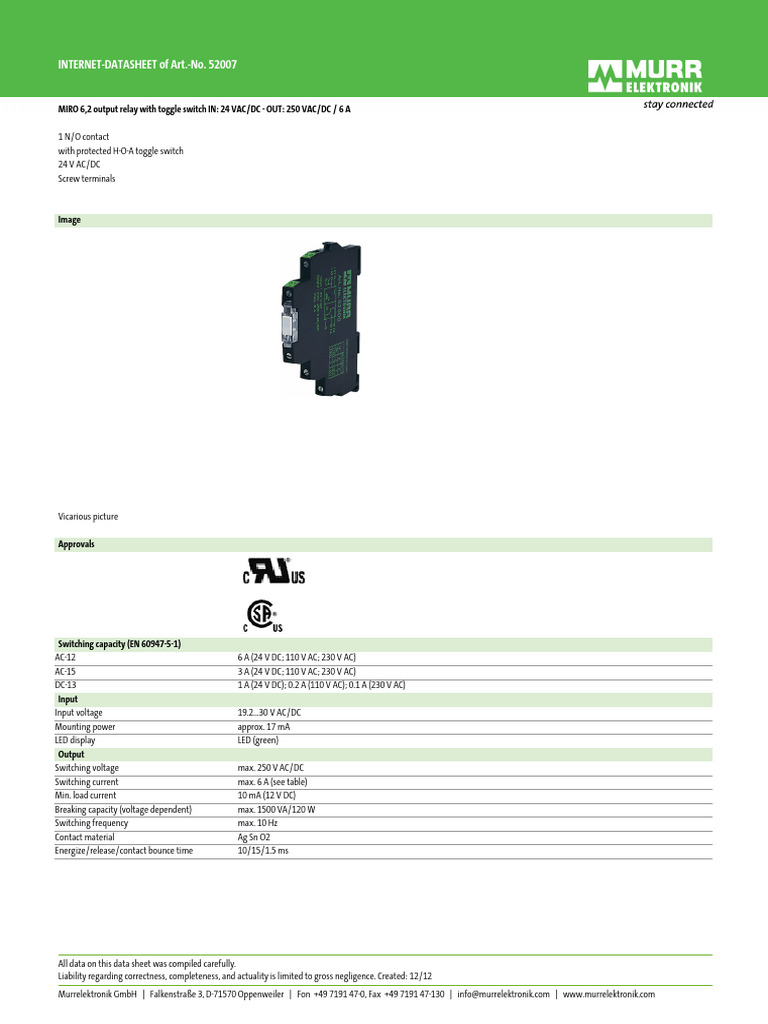 MIRO 6.2 Output Relay Datasheet | PDF | Alternating Current | Switch