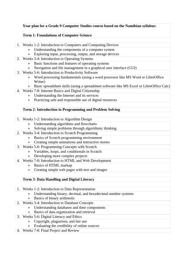 Year Plan For A Grade 9 Computer Studies Course Based On The Namibian ...