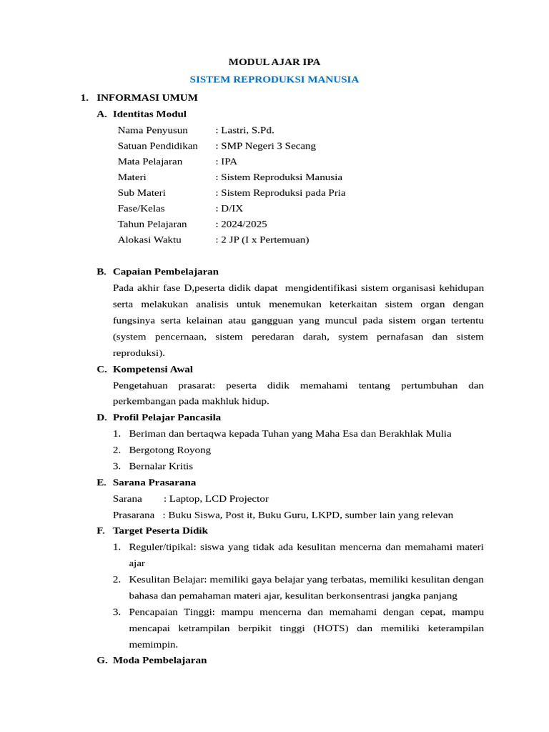 Modul Ajar Sistem Reproduksi Pria | PDF
