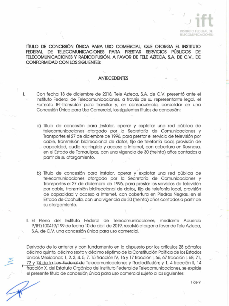 Concesión Única Telecomunicaciones Tele Azteca | PDF | Concesión ...