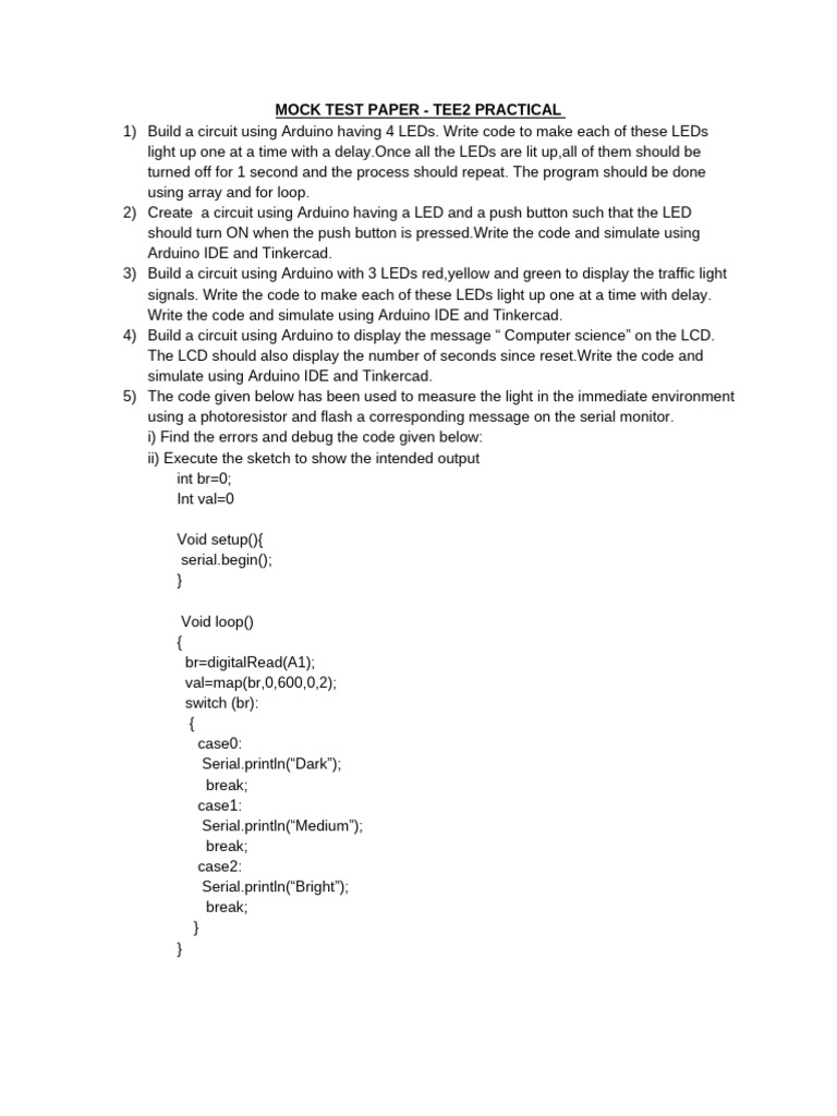 Arduino Practical Mock Test Guide | PDF | Arduino | Light Emitting Diode