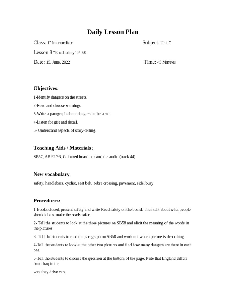Road Safety Lesson Plan for 1st Intermediate | PDF