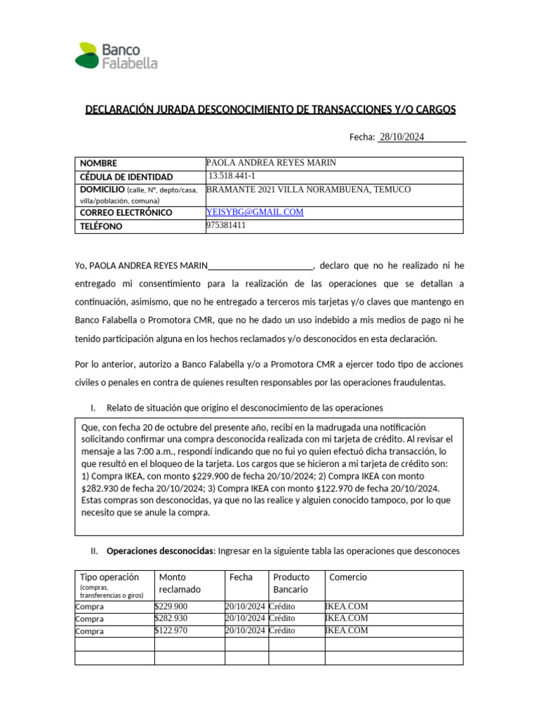Declaración Jurada de Desconocimiento de Transacciones | PDF ...