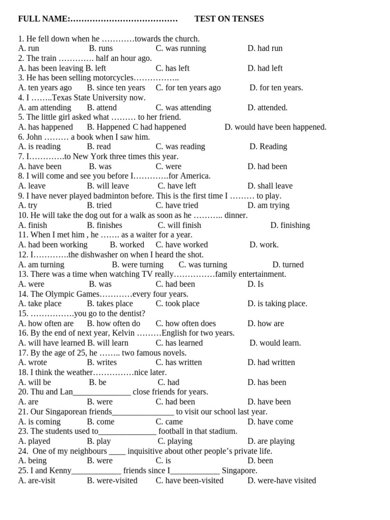 Test on English Tenses Practice | PDF | Sports & Recreation