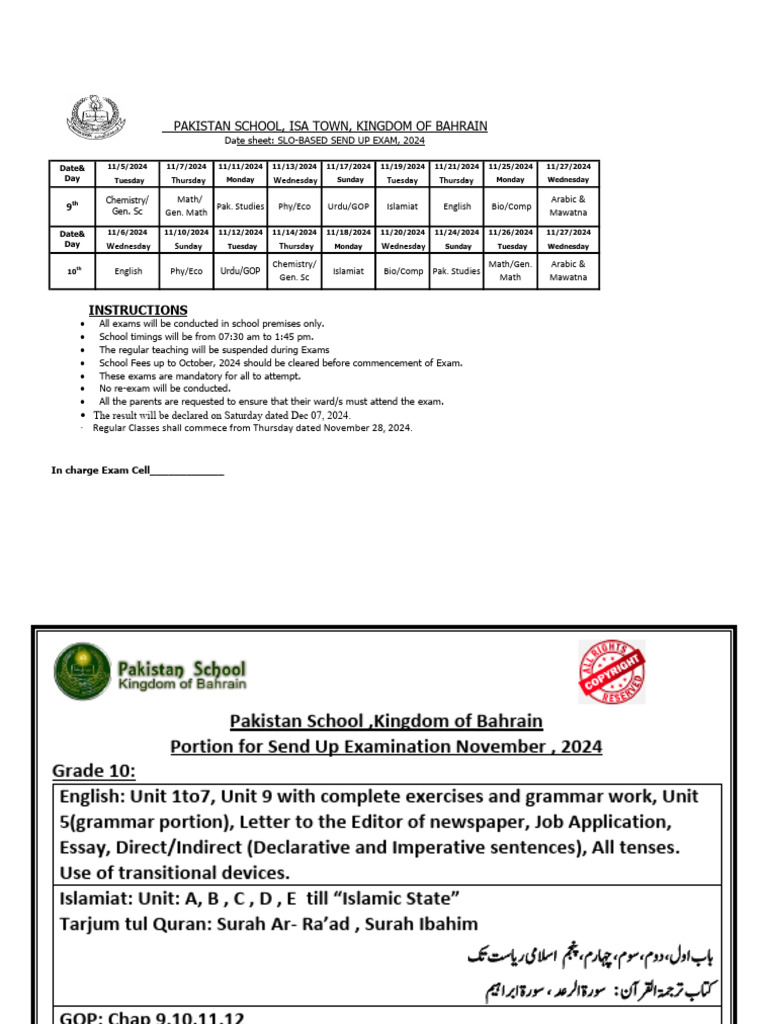 Grade 10 Exam Schedule and Details | PDF