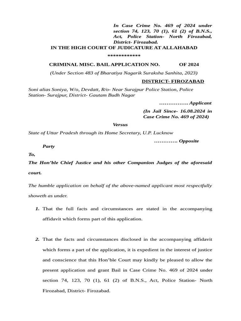 Bail Application Under Section 483 BNSS | PDF | Affidavit | Bail
