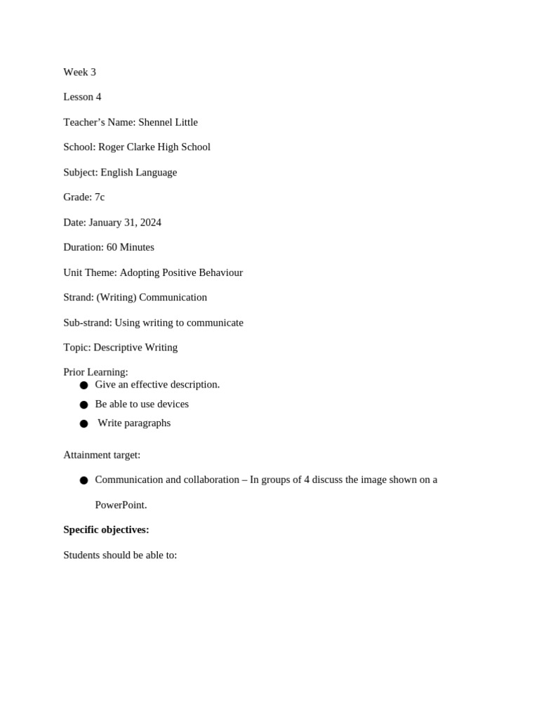 Descriptive Lesson Plan RCHS | PDF | Thought | Emotions