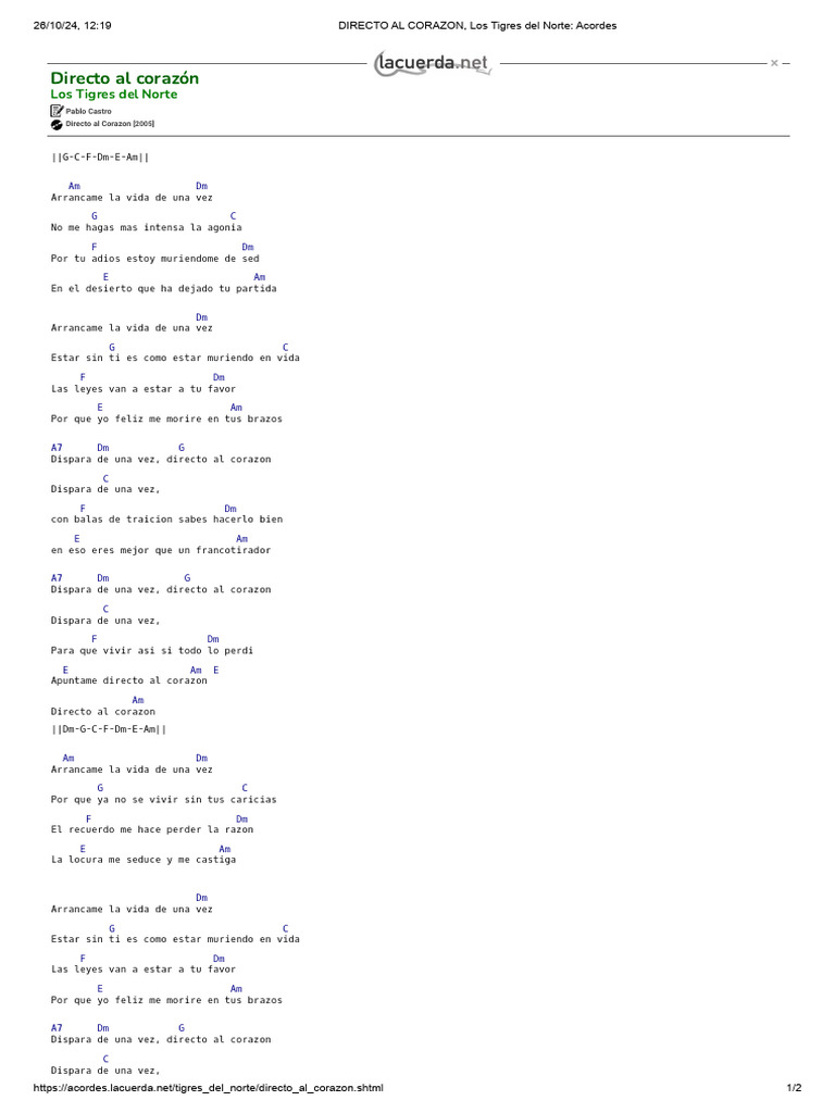 DIRECTO AL CORAZON, Los Tigres del Norte_ Acordes | PDF