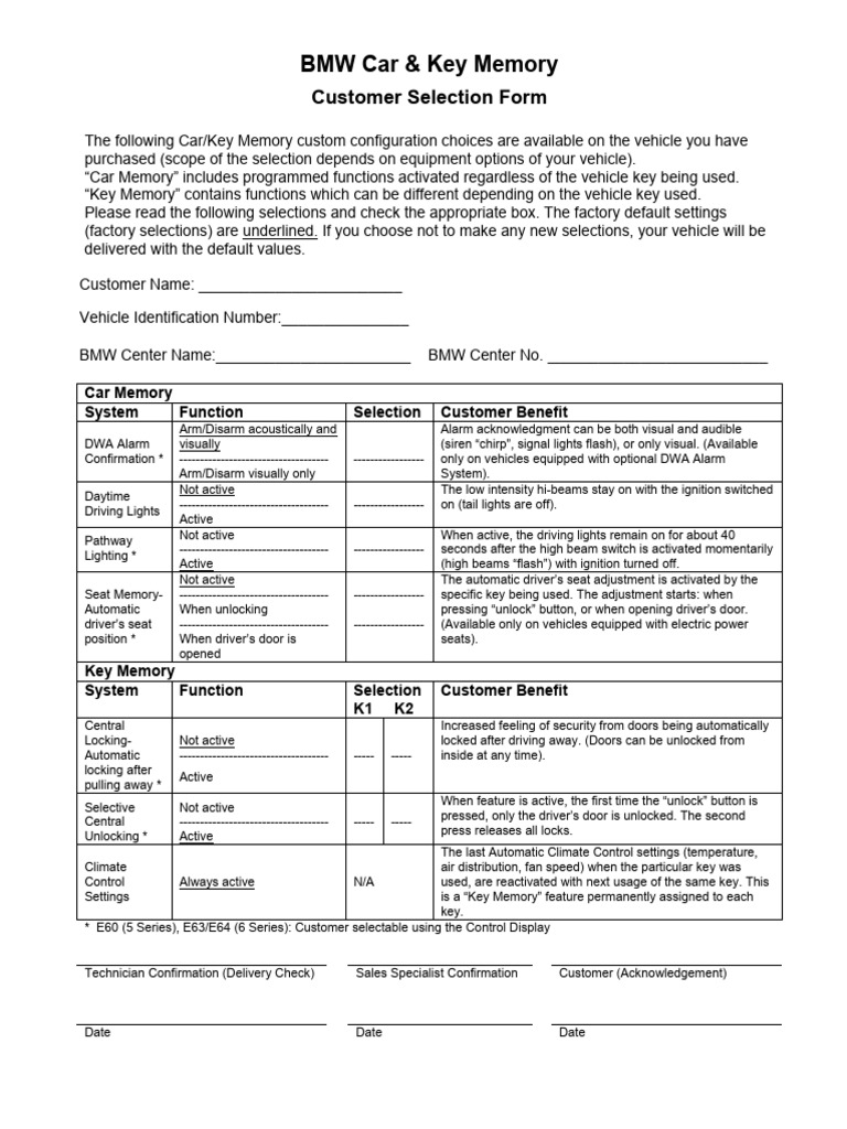 BMW Car & Key Memory Selection Form | PDF | Headlamp | Car