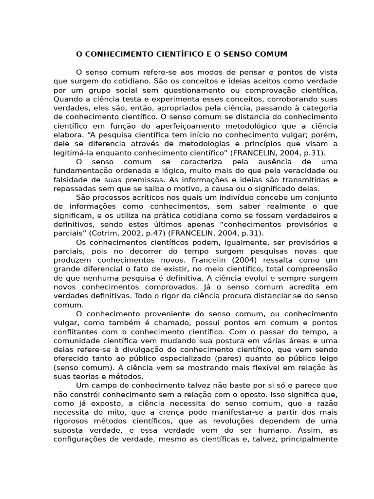 Diferenças entre Senso Comum e Ciência | PDF | Science | Conhecimento