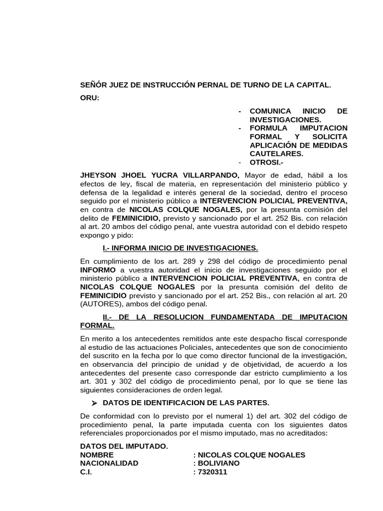 Senñór Juez de Instrucción Pernal de Turno de La Capital 2024 Diplomado ...