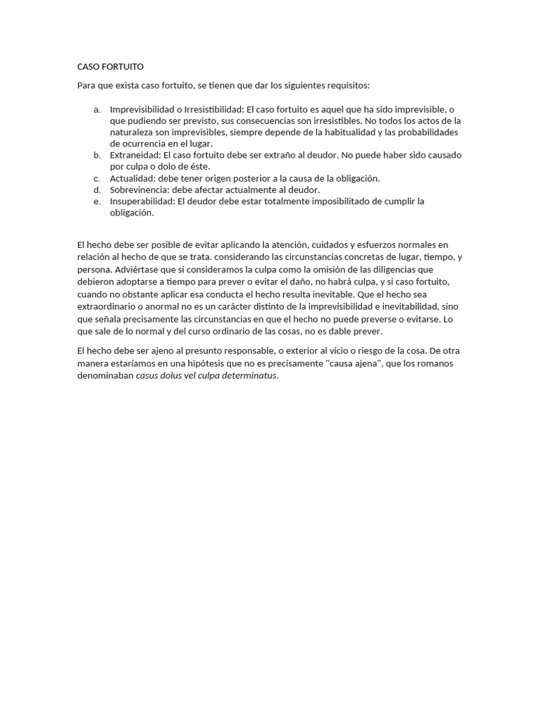Requisitos del Caso Fortuito en Derecho | PDF
